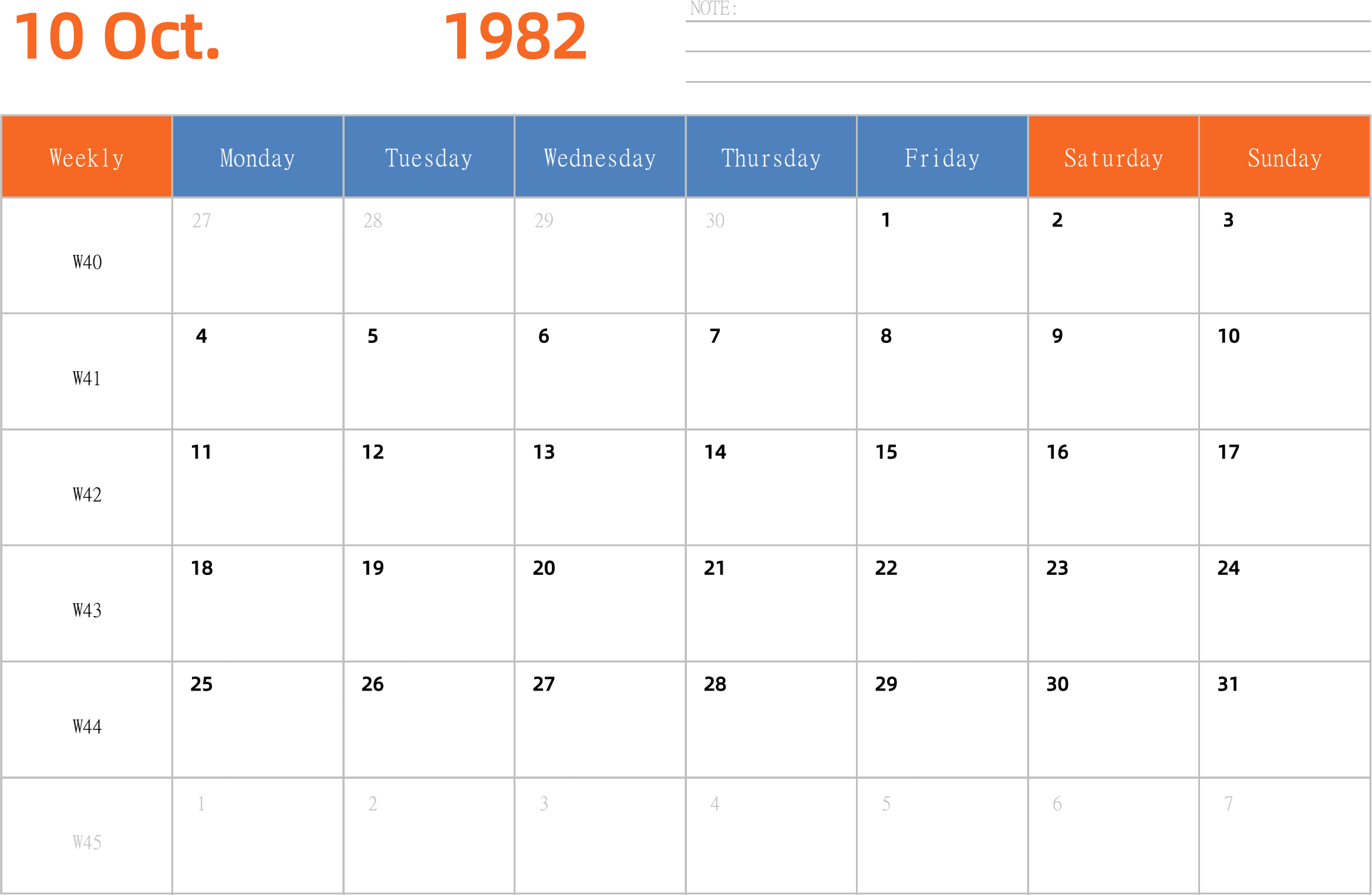 日历表1982年日历 英文版 横向排版 周一开始 带周数